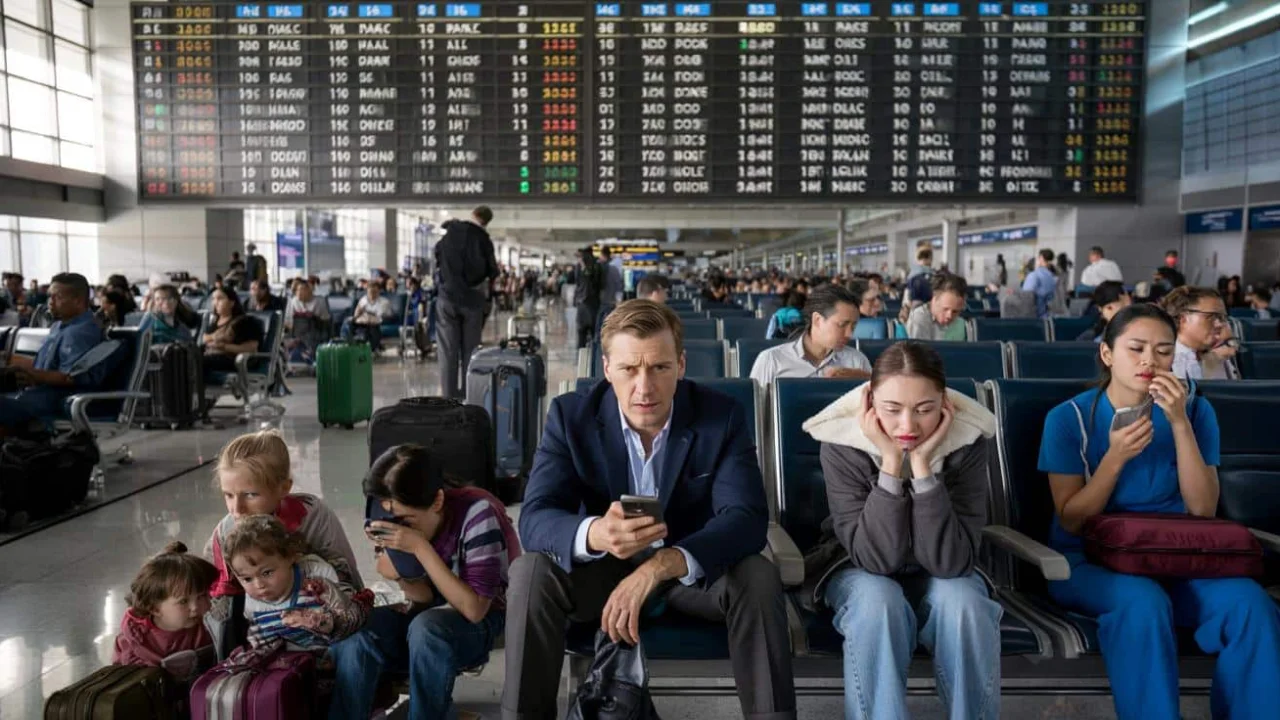 Passengers watch departure boards turn red as 470 flight cancellations strand thousands nationwide