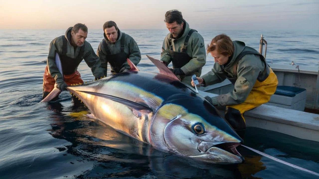 Scientists stunned when giant bluefin tuna surfaces like submarine beside their research boat