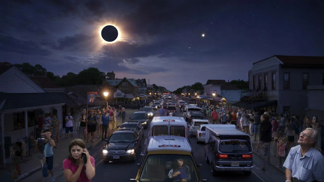 Small town in eclipse path totality becomes chaotic tourist magnet as six minutes of darkness divides locals